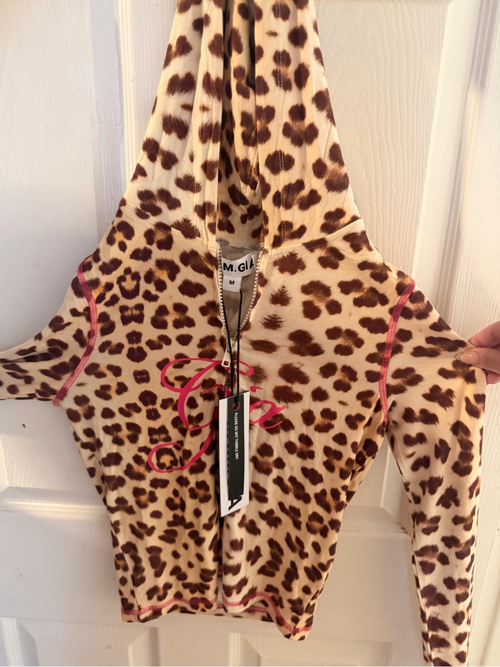 LNA Leopard Print Hooded Zip Top with Pink Script Accents